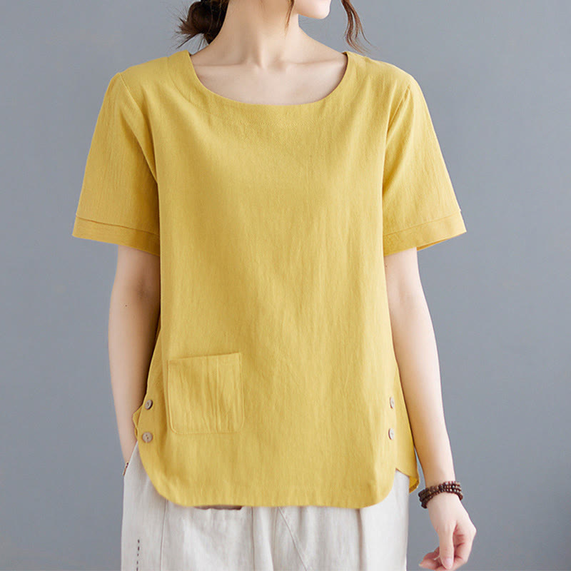 Buddha Stones Side Slit Design Women's Cotton Linen Crew Neck Short Sleeve T-Shirt Wtih Pocket - image 3