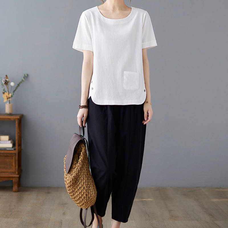 Buddha Stones Side Slit Design Women's Cotton Linen Crew Neck Short Sleeve T-Shirt Wtih Pocket - image 17