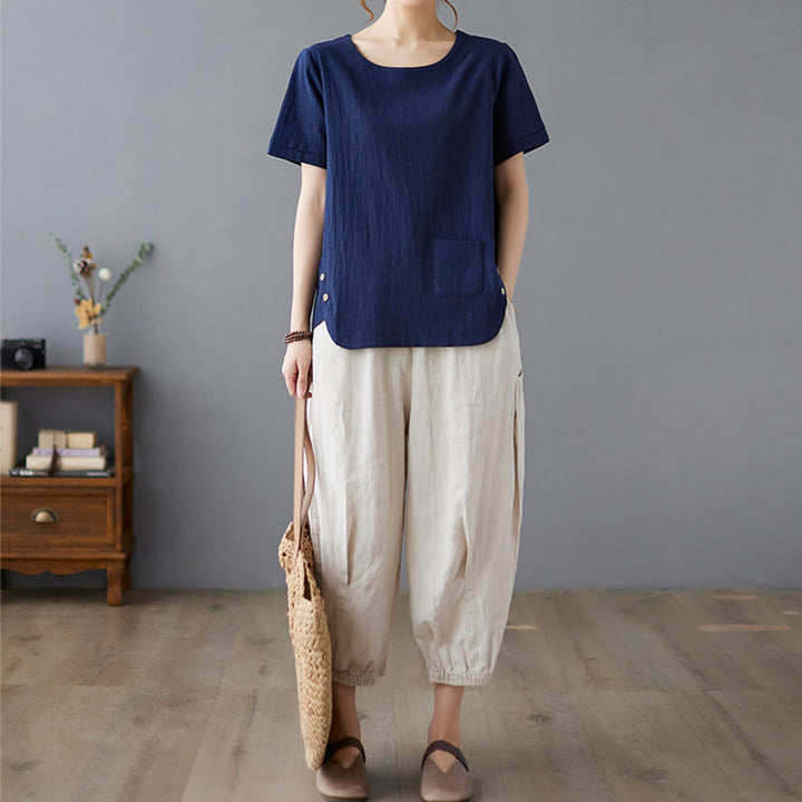 Buddha Stones Side Slit Design Women's Cotton Linen Crew Neck Short Sleeve T-Shirt Wtih Pocket - image 23