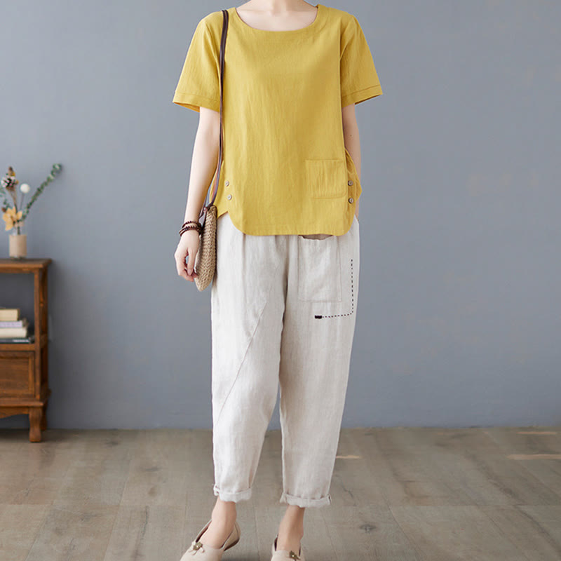 Buddha Stones Side Slit Design Women's Cotton Linen Crew Neck Short Sleeve T-Shirt Wtih Pocket - image 6