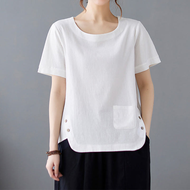 Buddha Stones Side Slit Design Women's Cotton Linen Crew Neck Short Sleeve T-Shirt Wtih Pocket - White - US14，UK/AU18，EU46 (4XL) - image 14