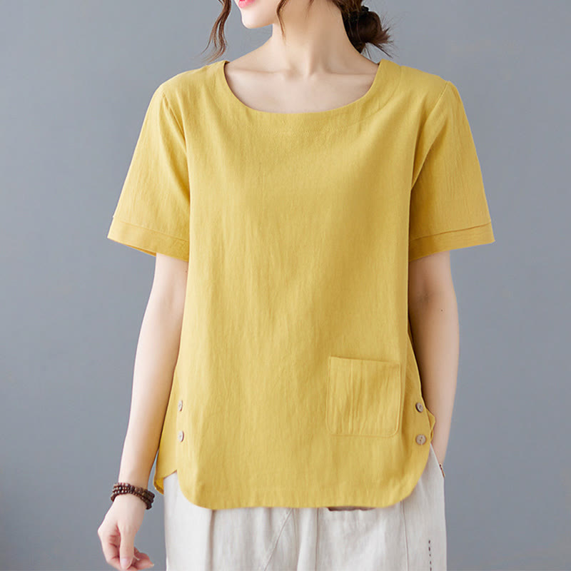 Buddha Stones Side Slit Design Women's Cotton Linen Crew Neck Short Sleeve T-Shirt Wtih Pocket - Yellow - US14，UK/AU18，EU46 (4XL) - image 0