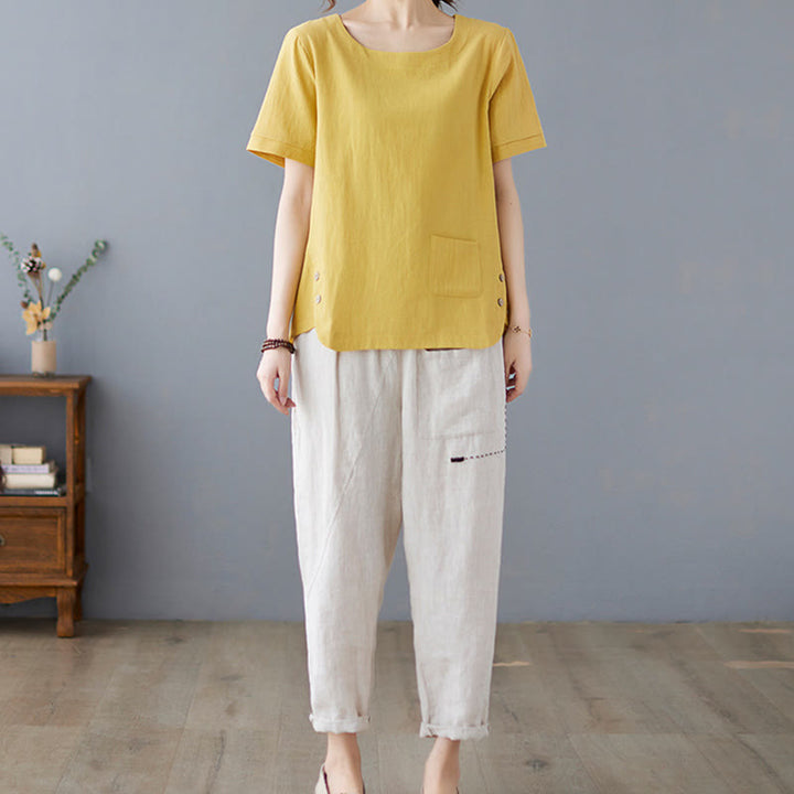 Buddha Stones Side Slit Design Women's Cotton Polyester Crew Neck Short Sleeve T-Shirt Wtih Pocket - image 4