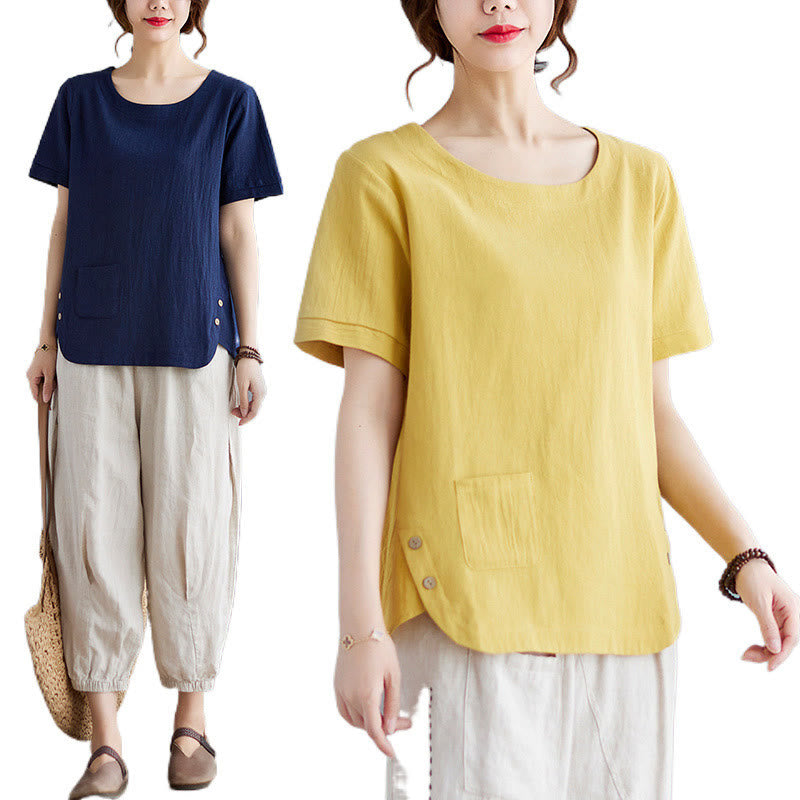 Buddha Stones Side Slit Design Women's Cotton Linen Crew Neck Short Sleeve T-Shirt Wtih Pocket - image 13