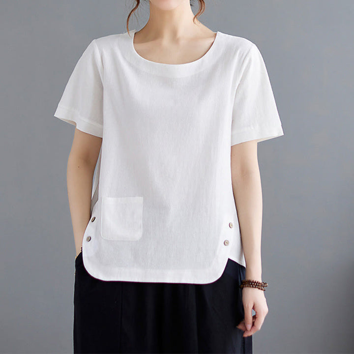 Buddha Stones Side Slit Design Women's Cotton Polyester Crew Neck Short Sleeve T-Shirt Wtih Pocket - image 14