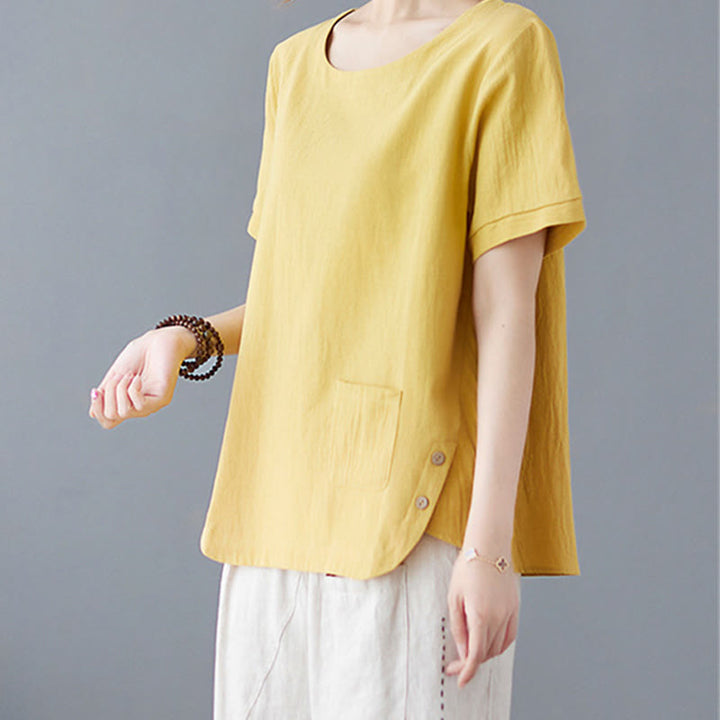 Buddha Stones Side Slit Design Women's Cotton Linen Crew Neck Short Sleeve T-Shirt Wtih Pocket - image 2