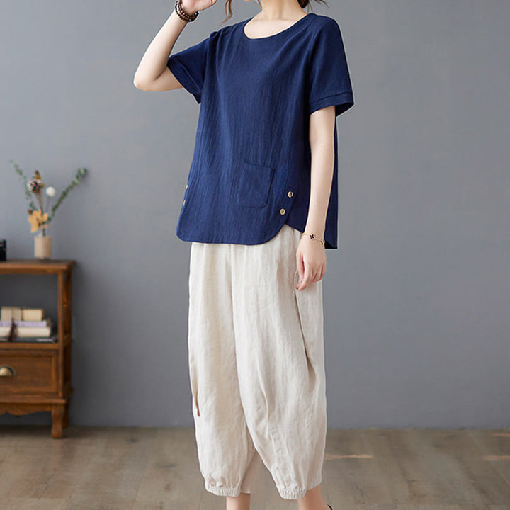 Buddha Stones Side Slit Design Women's Cotton Linen Crew Neck Short Sleeve T-Shirt Wtih Pocket - image 25