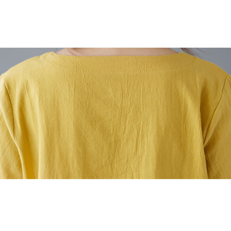 Buddha Stones Side Slit Design Women's Cotton Linen Crew Neck Short Sleeve T-Shirt Wtih Pocket - image 9