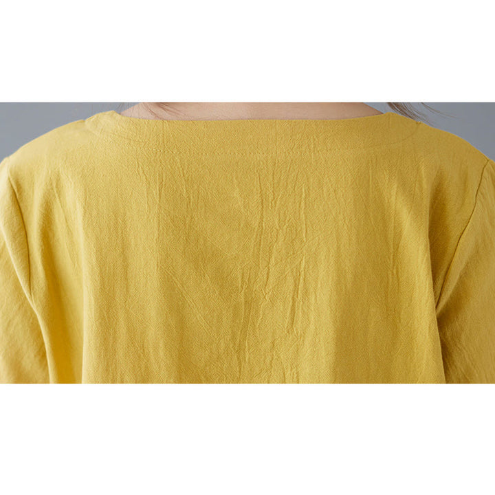 Buddha Stones Side Slit Design Women's Cotton Linen Crew Neck Short Sleeve T-Shirt Wtih Pocket - image 9