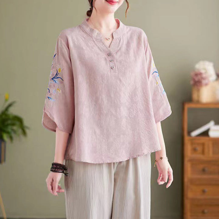 Buddha Stones Summer Embroidery Flower Three Quarter Sleeve Design Women's Cotton Linen  Notched Collar Shirt - Pink - US14，UK/AU18，EU46 (4XL) - image 0