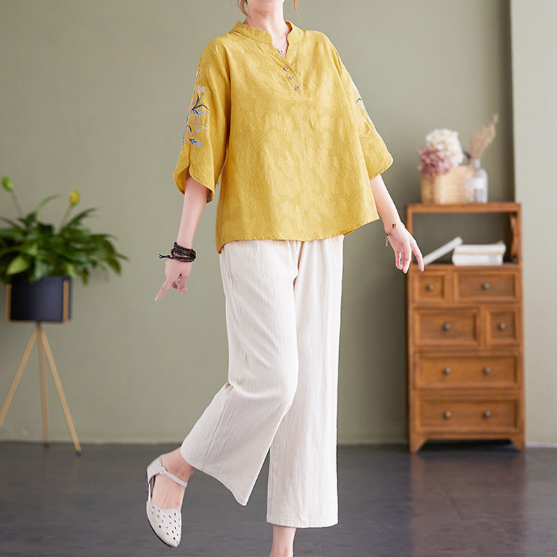 Buddha Stones Summer Embroidery Flower Three Quarter Sleeve Design Women's Cotton Linen  Notched Collar Shirt - image 17