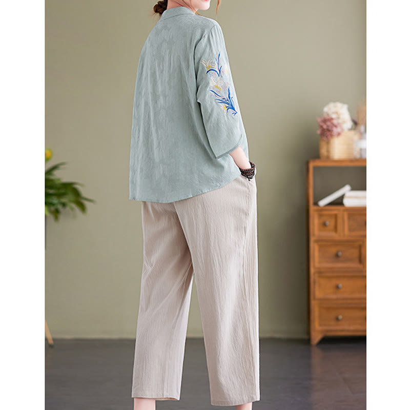 Buddha Stones Summer Embroidery Flower Three Quarter Sleeve Design Women's Cotton Linen  Notched Collar Shirt - image 10