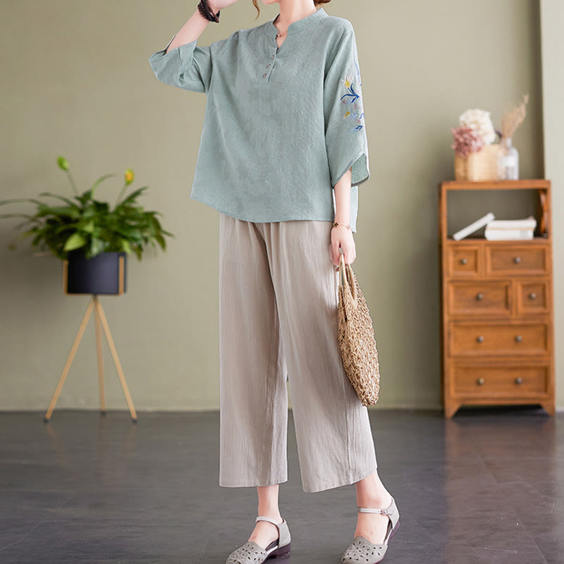 Buddha Stones Summer Embroidery Flower Three Quarter Sleeve Design Women's Cotton Linen  Notched Collar Shirt - image 9