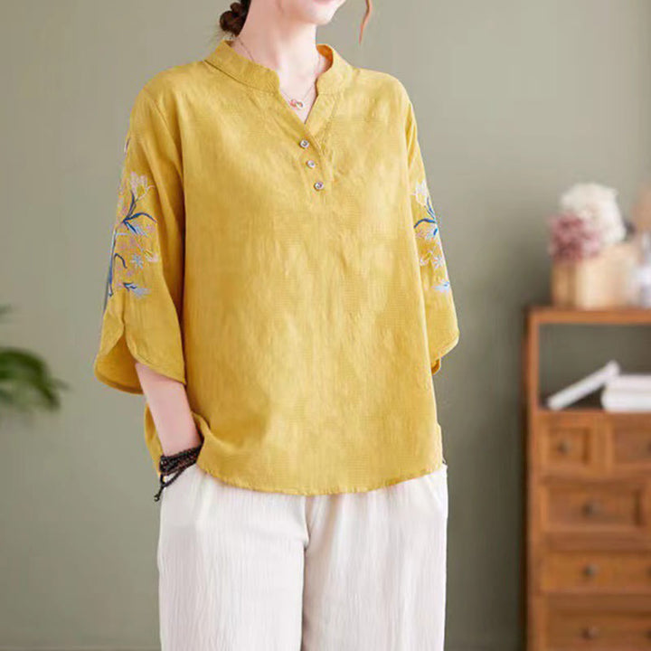 Buddha Stones Summer Embroidery Flower Three Quarter Sleeve Design Women's Cotton Linen  Notched Collar Shirt - Gold - US14，UK/AU18，EU46 (4XL) - image 14