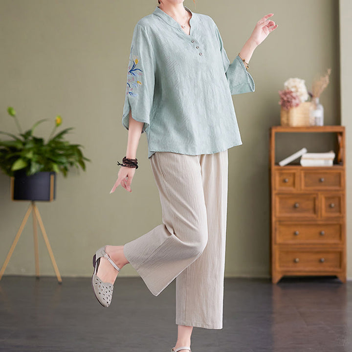 Buddha Stones Summer Embroidery Flower Three Quarter Sleeve Design Women's Cotton Linen  Notched Collar Shirt - image 13