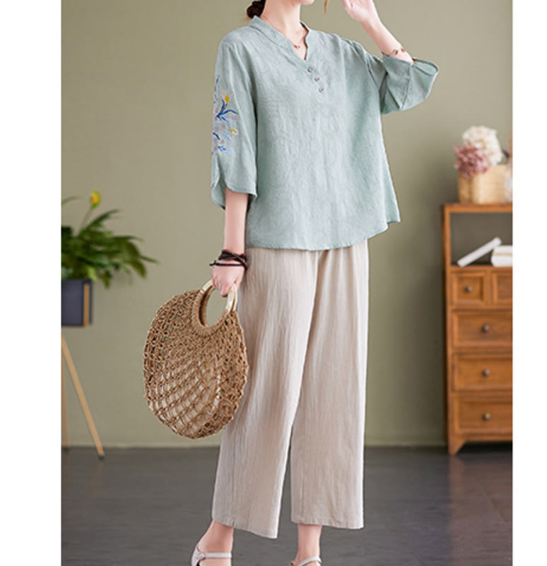 Buddha Stones Summer Embroidery Flower Three Quarter Sleeve Design Women's Cotton Linen  Notched Collar Shirt - image 11