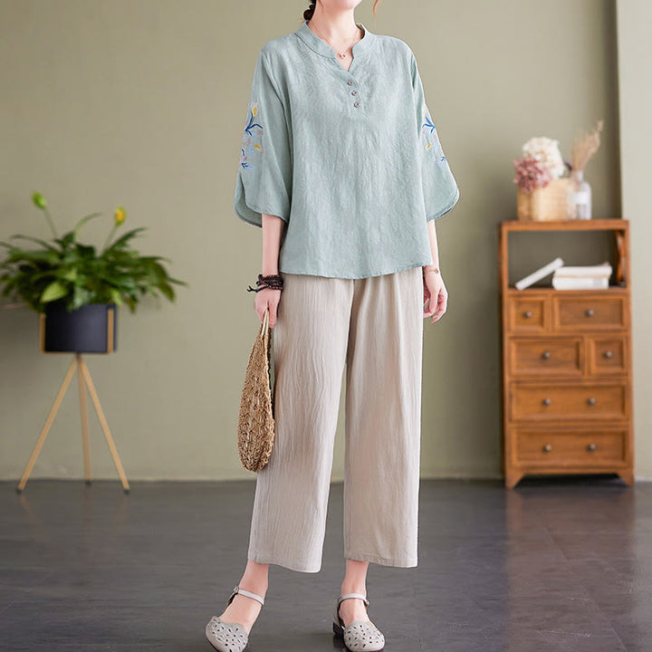 Buddha Stones Summer Embroidery Flower Three Quarter Sleeve Design Women's Cotton Linen  Notched Collar Shirt - image 8