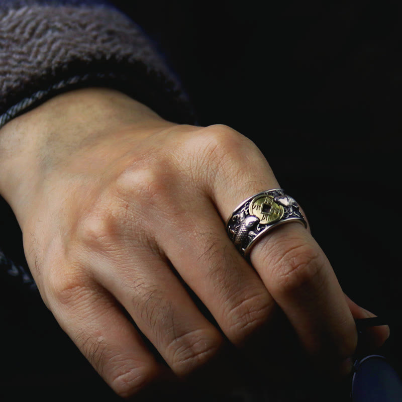 Buddha Stones Adjustable Opening 925 Sterling Silver Lucky Koi Fish Copper Coin Auspicious Clouds Wealth Ring - image 4