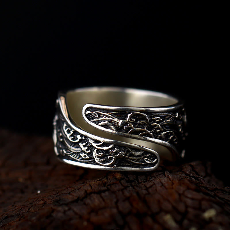 Buddha Stones Adjustable Opening 925 Sterling Silver Lucky Koi Fish Copper Coin Auspicious Clouds Wealth Ring