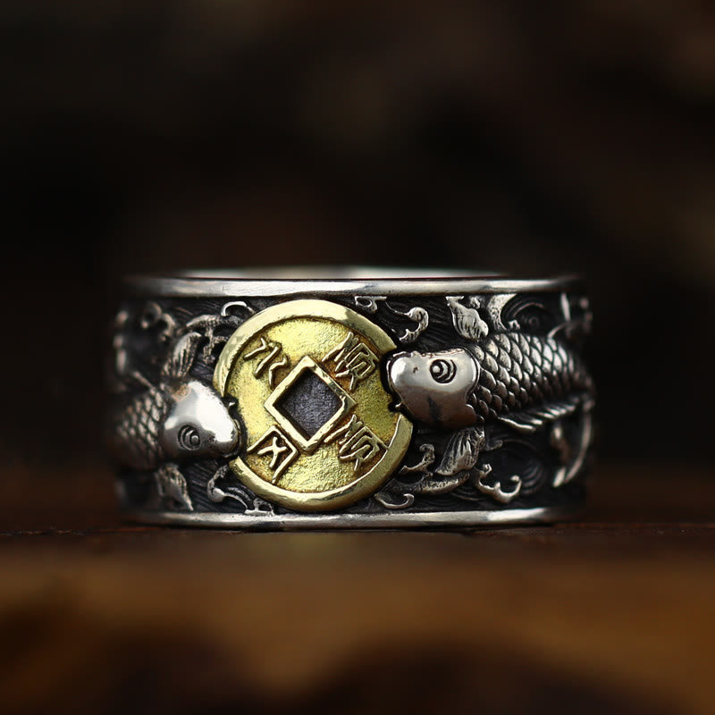 Buddha Stones Adjustable Opening 925 Sterling Silver Lucky Koi Fish Copper Coin Auspicious Clouds Wealth Ring