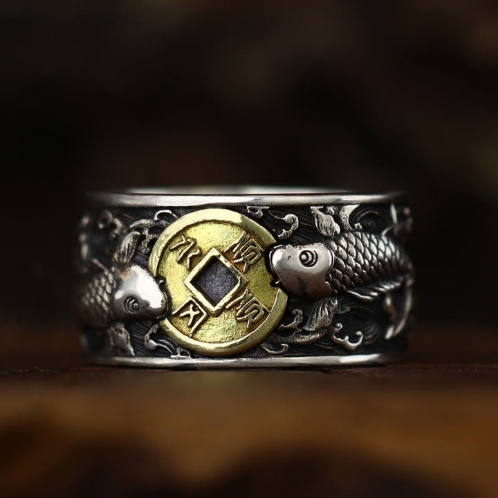 Buddha Stones Adjustable Opening 925 Sterling Silver Lucky Koi Fish Copper Coin Auspicious Clouds Wealth Ring