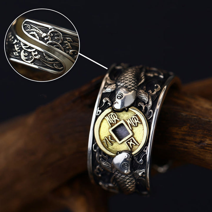 Buddha Stones Adjustable Opening 925 Sterling Silver Lucky Koi Fish Copper Coin Auspicious Clouds Wealth Ring