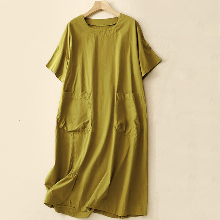 Buddha Stones Summer Plain Crew Neck Simple Short Sleeve Design Midi Dress With Pockets - YellowGreen - US8-10，UK/AU12-14，EU40-42 (2XL) - image 15