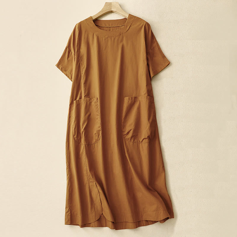 Buddha Stones Summer Plain Crew Neck Simple Short Sleeve Design Midi Dress With Pockets - Chocolate - US8-10，UK/AU12-14，EU40-42 (2XL) - image 0
