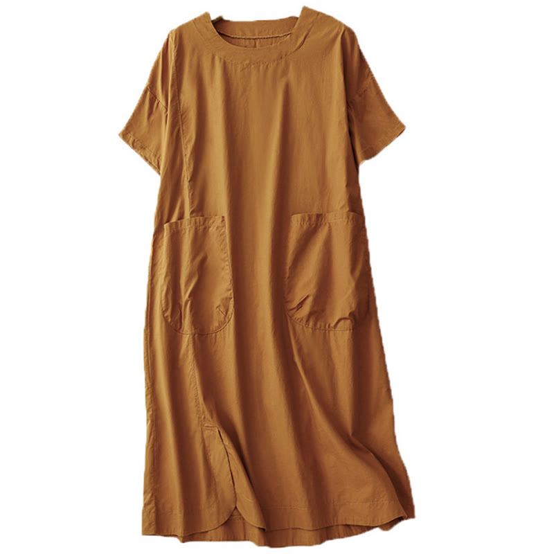 Buddha Stones Summer Plain Crew Neck Simple Short Sleeve Design Midi Dress With Pockets - image 6