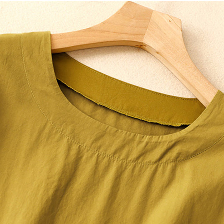 Buddha Stones Summer Plain Crew Neck Simple Short Sleeve Design Midi Dress With Pockets - image 17