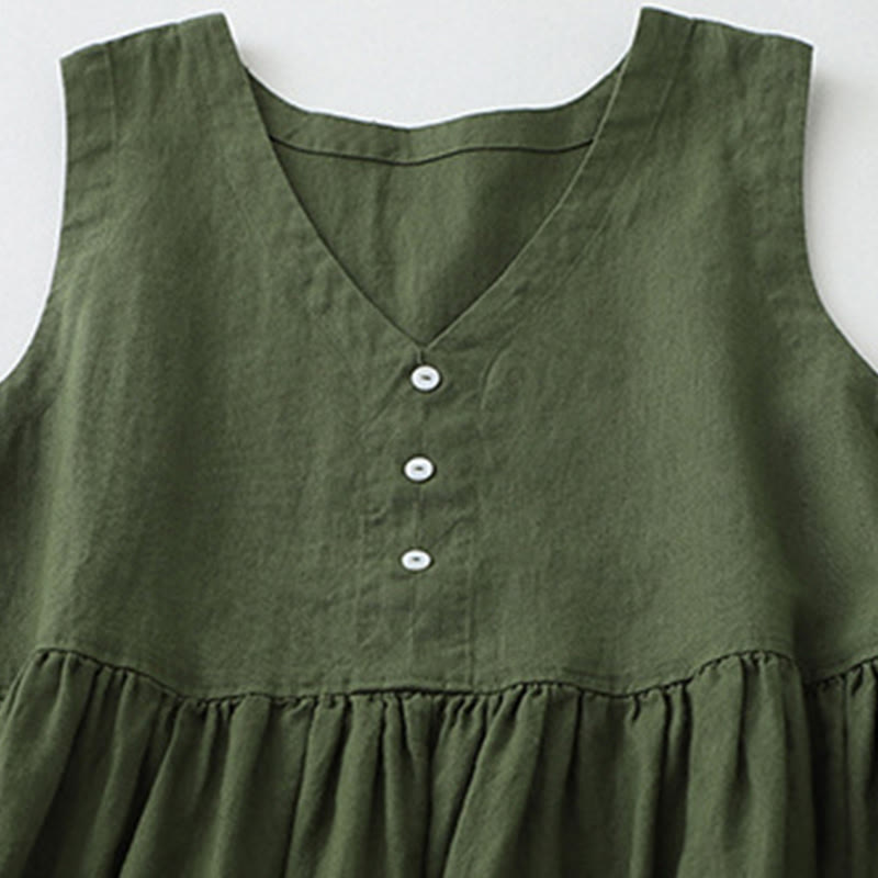 Buddha Stones Daily Casual Pure Color V-Neck Simple Buttons Design Sleeveless Midi Dress - image 11