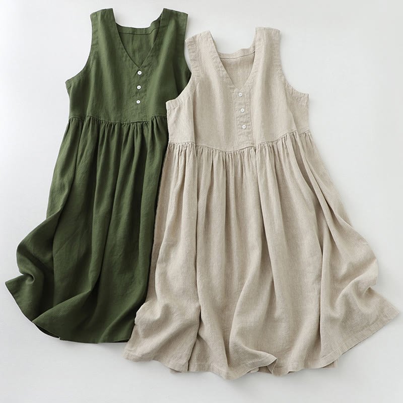Buddha Stones Daily Casual Pure Color V-Neck Simple Buttons Design Sleeveless Midi Dress