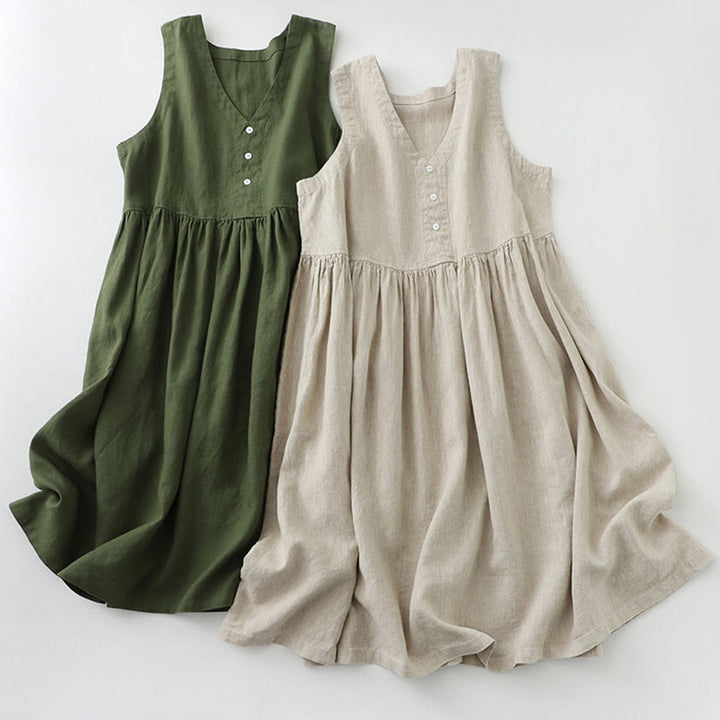 Buddha Stones Daily Casual Pure Color V-Neck Simple Buttons Design Sleeveless Midi Dress