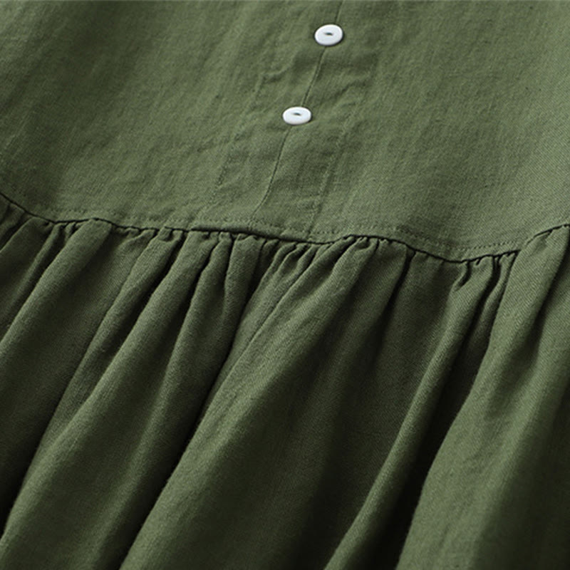 Buddha Stones Daily Casual Pure Color V-Neck Simple Buttons Design Sleeveless Midi Dress
