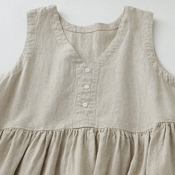 Buddha Stones Daily Casual Pure Color V-Neck Simple Buttons Design Sleeveless Midi Dress