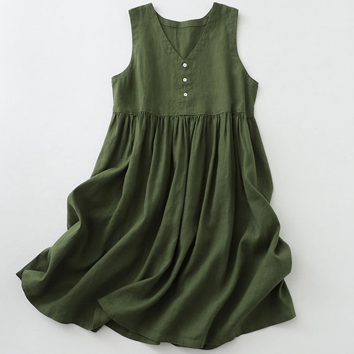 Buddha Stones Daily Casual Pure Color V-Neck Simple Buttons Design Sleeveless Midi Dress - DarkGreen - US14，UK/AU18，EU46 (2XL) - image 10