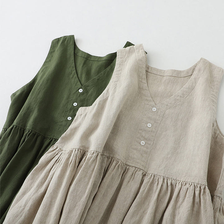 Buddha Stones Daily Casual Pure Color V-Neck Simple Buttons Design Sleeveless Midi Dress