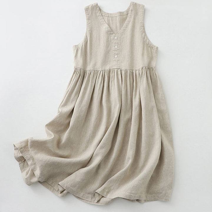 Buddha Stones Daily Casual Pure Color V-Neck Simple Buttons Design Sleeveless Midi Dress