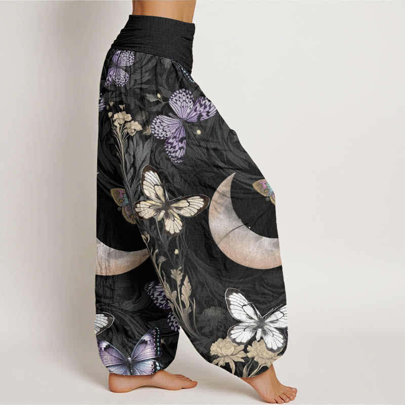Buddha Stones Butterfly Flowers Crescent Moon Pattern Design Women's Elastic Waist Harem Pants - image 2