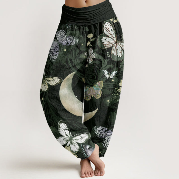 Buddha Stones Butterfly Flowers Crescent Moon Pattern Design Women's Elastic Waist Harem Pants - DarkSlateGray - US22，UK/AU26，EU54 (6XL) - image 4