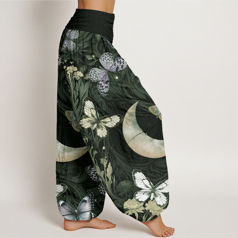 Buddha Stones Cotton Butterfly Flowers Crescent Moon Pattern Design Women's Elastic Waist Harem Pants - image 6