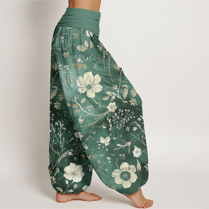 Buddha Stones Cotton White Flowers Winding Vines Pattern Design Women's Elastic Waist Harem Pants - image 2