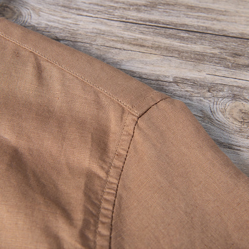 Buddha Stones Daily Plain Patch Color Matching Design Men's Short Sleeve Cotton Linen Shirt - image 14