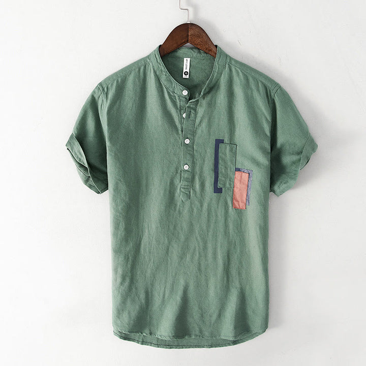 Buddha Stones Daily Plain Patch Color Matching Design Men's Short Sleeve Cotton Linen Shirt - MediumSeaGreen - US/UK/AU42，EU52 (3XL) - image 4