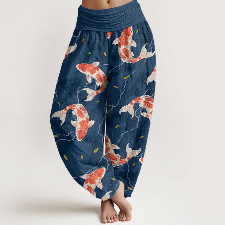 Buddha Stones Red White Koi Fish Pattern Design Women's Elastic Waist Harem Pants - SteelBlue - US22，UK/AU26，EU54 (6XL) - image 0