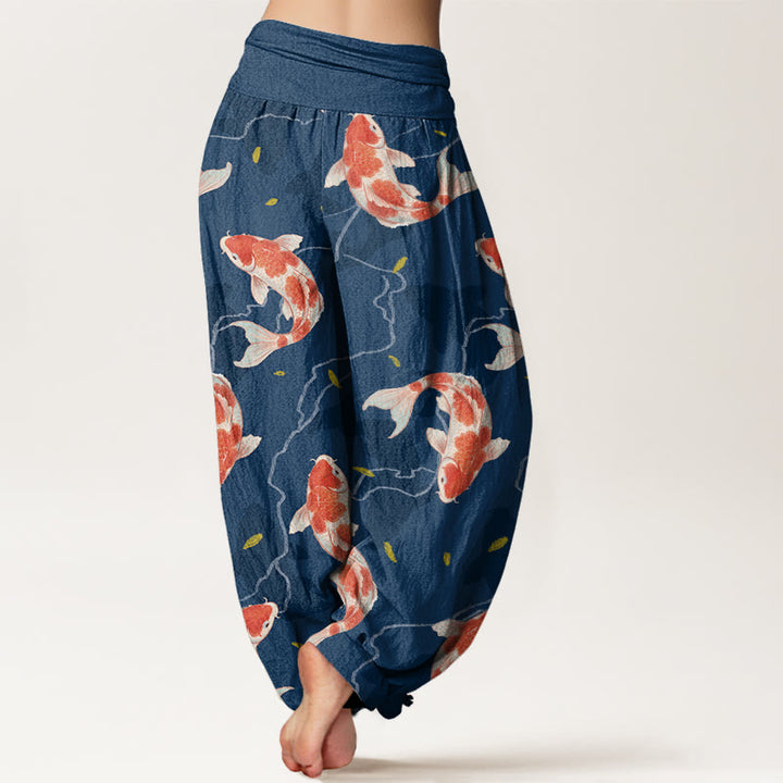 Buddha Stones Red White Koi Fish Pattern Design Women's Elastic Waist Harem Pants - image 1
