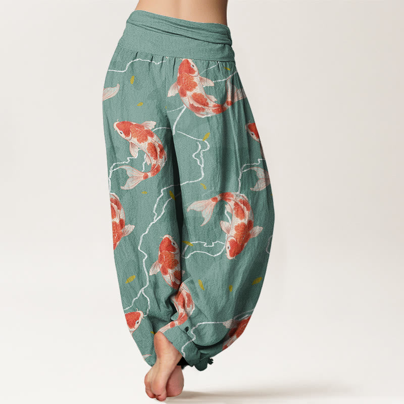 Buddha Stones Red White Koi Fish Pattern Design Women's Elastic Waist Harem Pants - image 5