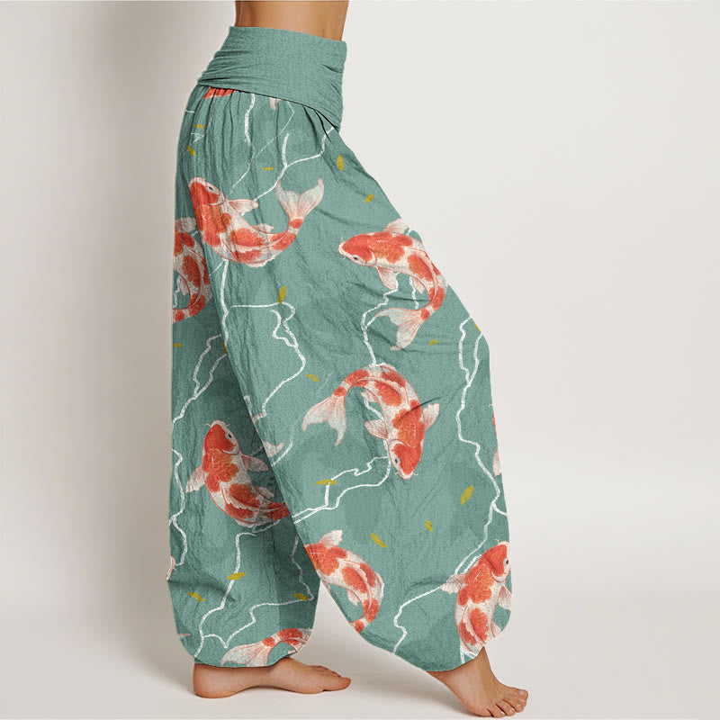 Buddha Stones Red White Koi Fish Pattern Design Women's Elastic Waist Harem Pants - image 6