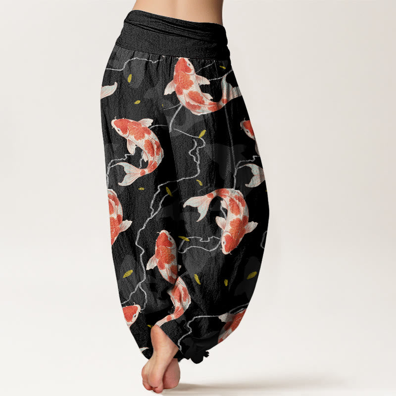 Buddha Stones Cotton Red White Koi Fish Pattern Design Women's Elastic Waist Harem Pants - image 8