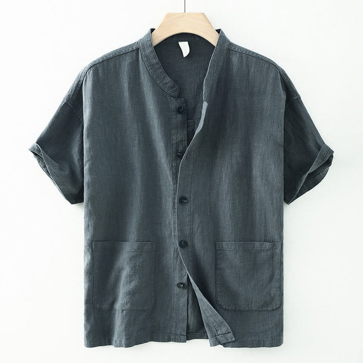 Buddha Stones Summer Casual Solid Color Button Design Stand Collar Men's Short Sleeve Cotton Linen Shirt WIth Pockets
